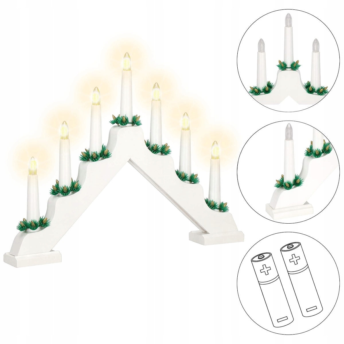 Lumanari decorative de Craciun, stand de lemn, 7 becuri tip LED, culoare alba