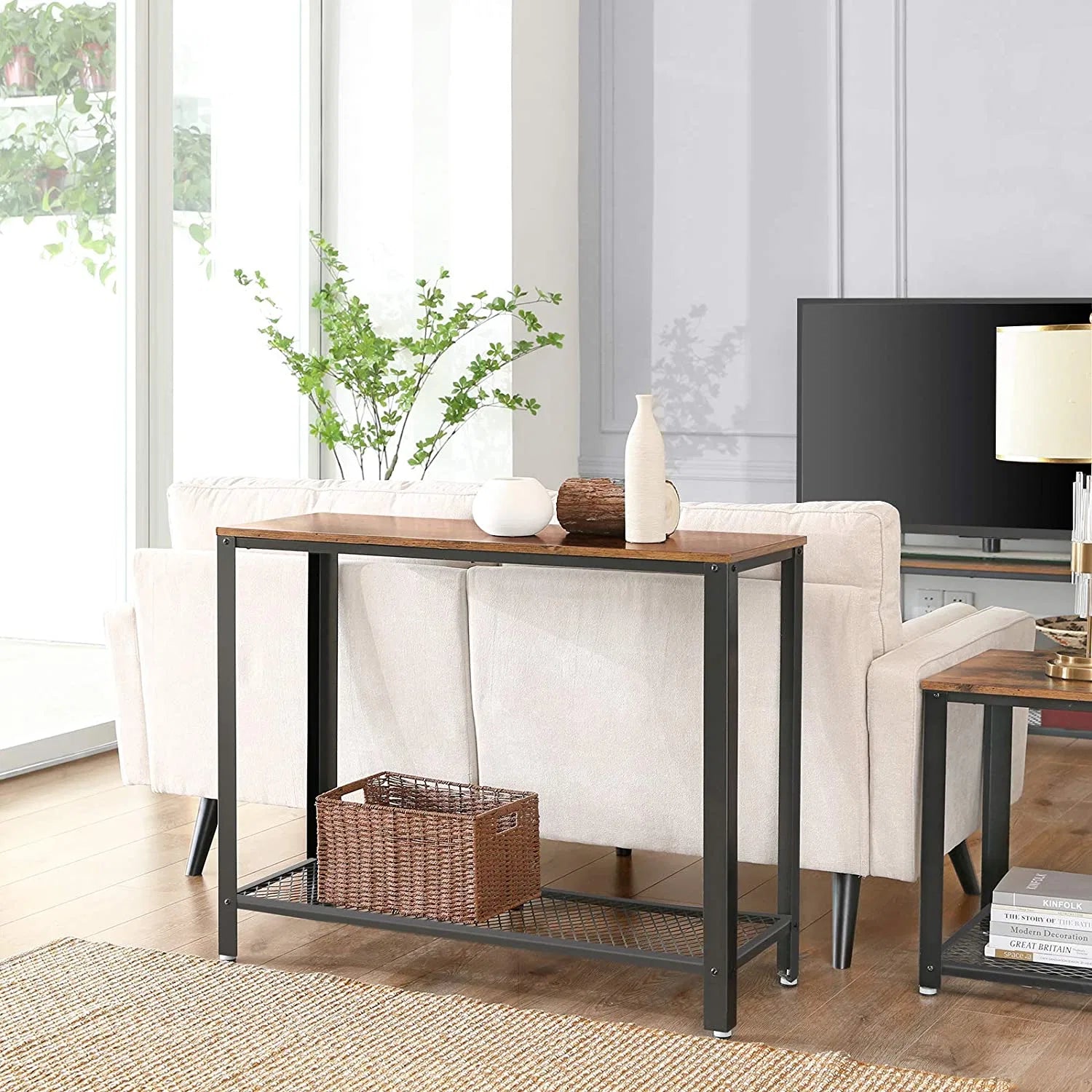 VASAGLE Masa de intrare, cadru metalic cu blat din lemn, industrial, 102x35x80cm, maro rustic si negru