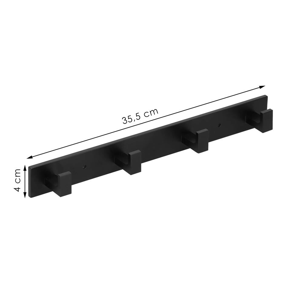 Cuier de baie pentru prosoape cu 2 sisteme instalare, aluminiu, 4 agatatori, 35x4cm, negru