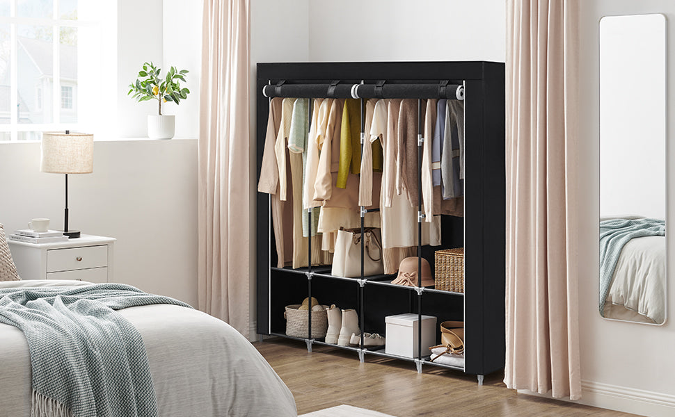 SONGMICS Garderoba din material textil, dulap portabil, cu rafturi si sina de agatat, 170x45x167cm, negru