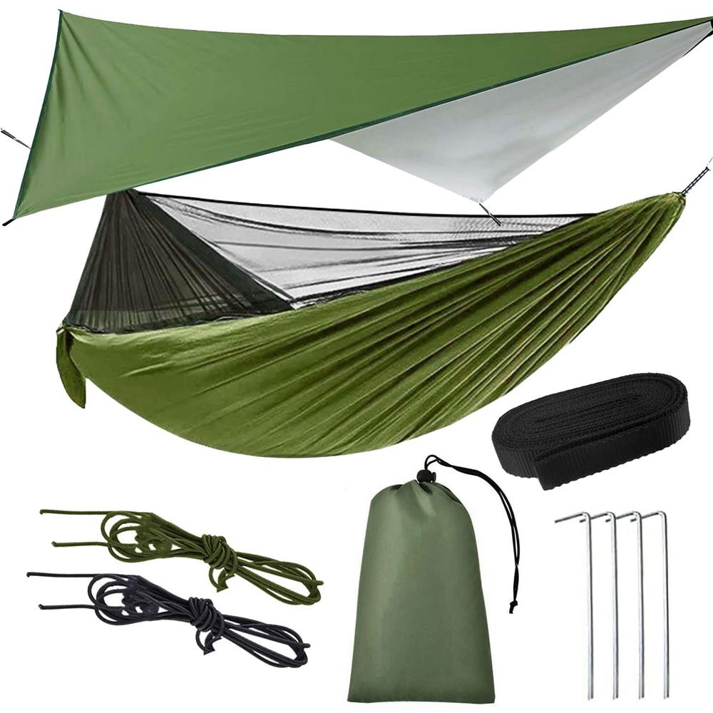 Hamac dublu din material parasuta 140x260cm, cu plasa de tantari si baldachin impermeabil, 200kg, verde
