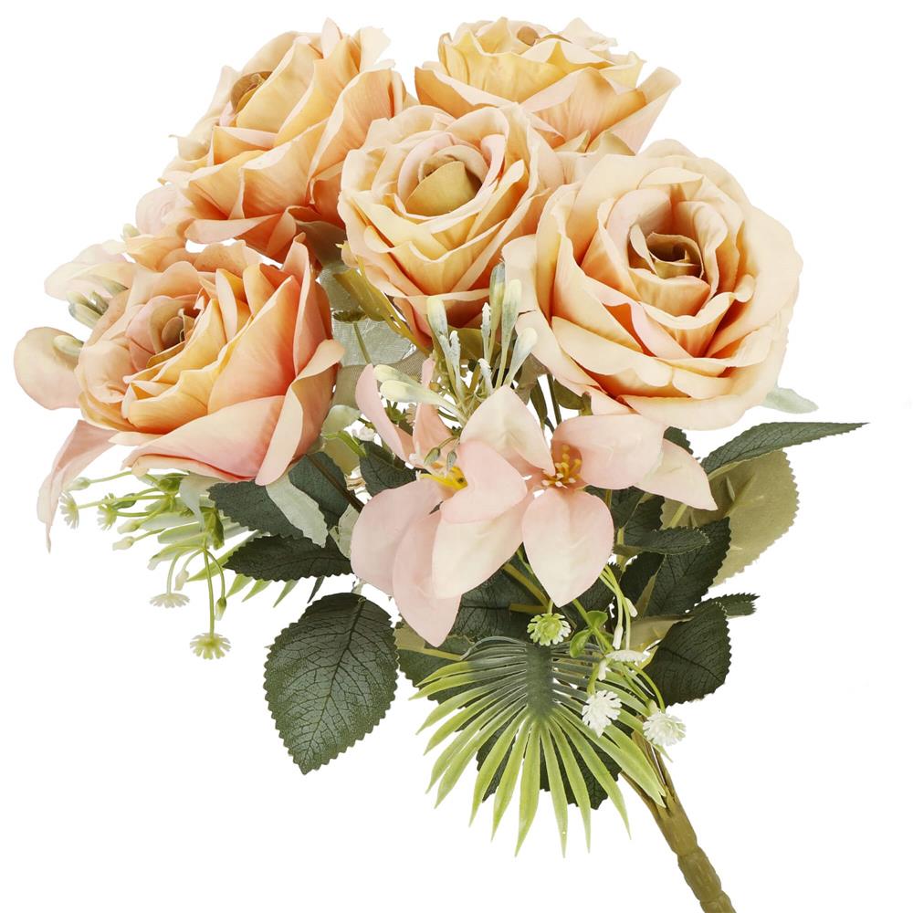 Buchet de flori artificiale din poliester, 9 fire trandafiri, 40cm, roz
