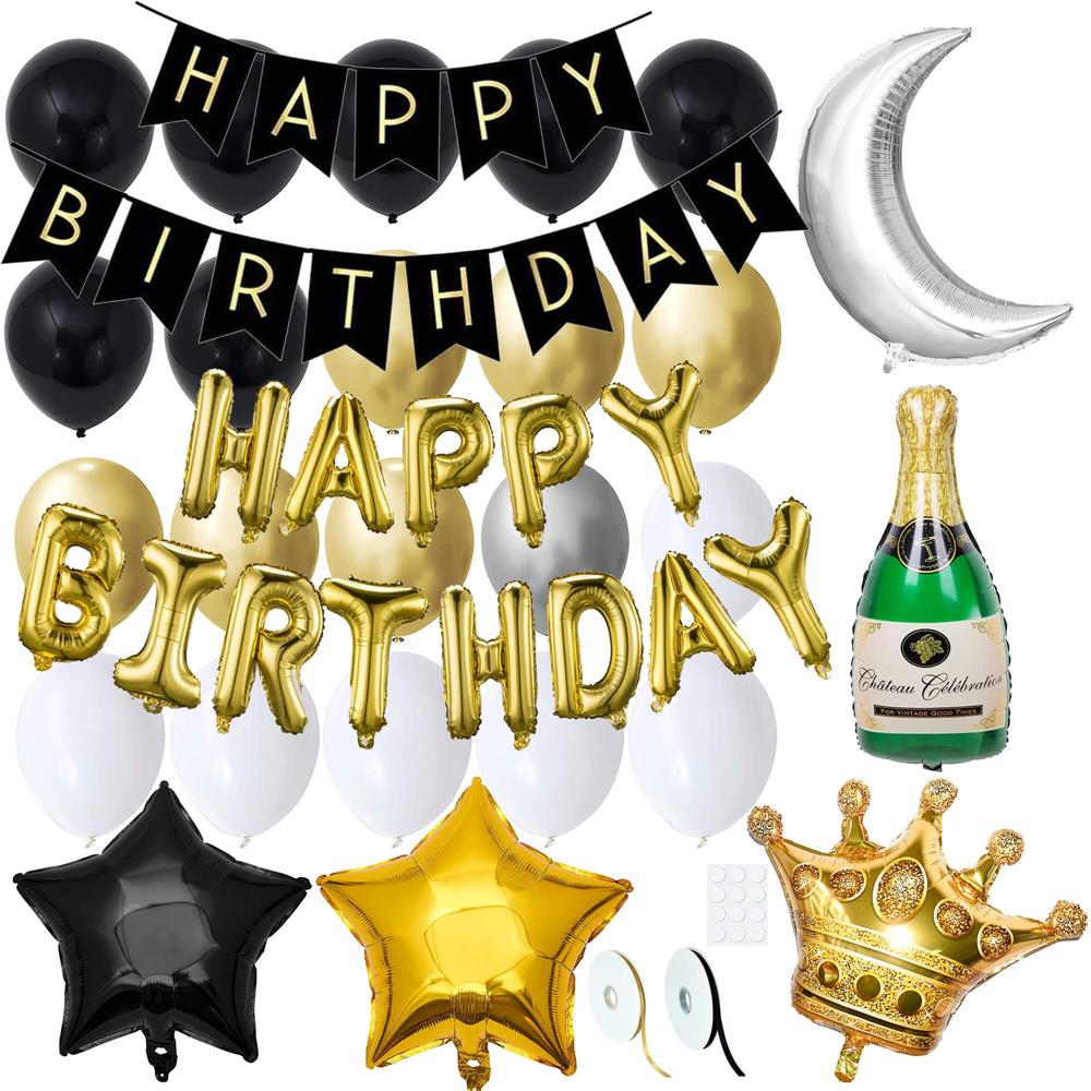 Set 53 baloane si decoratiuni, Happy Birthday, argintiu, negru, auriu