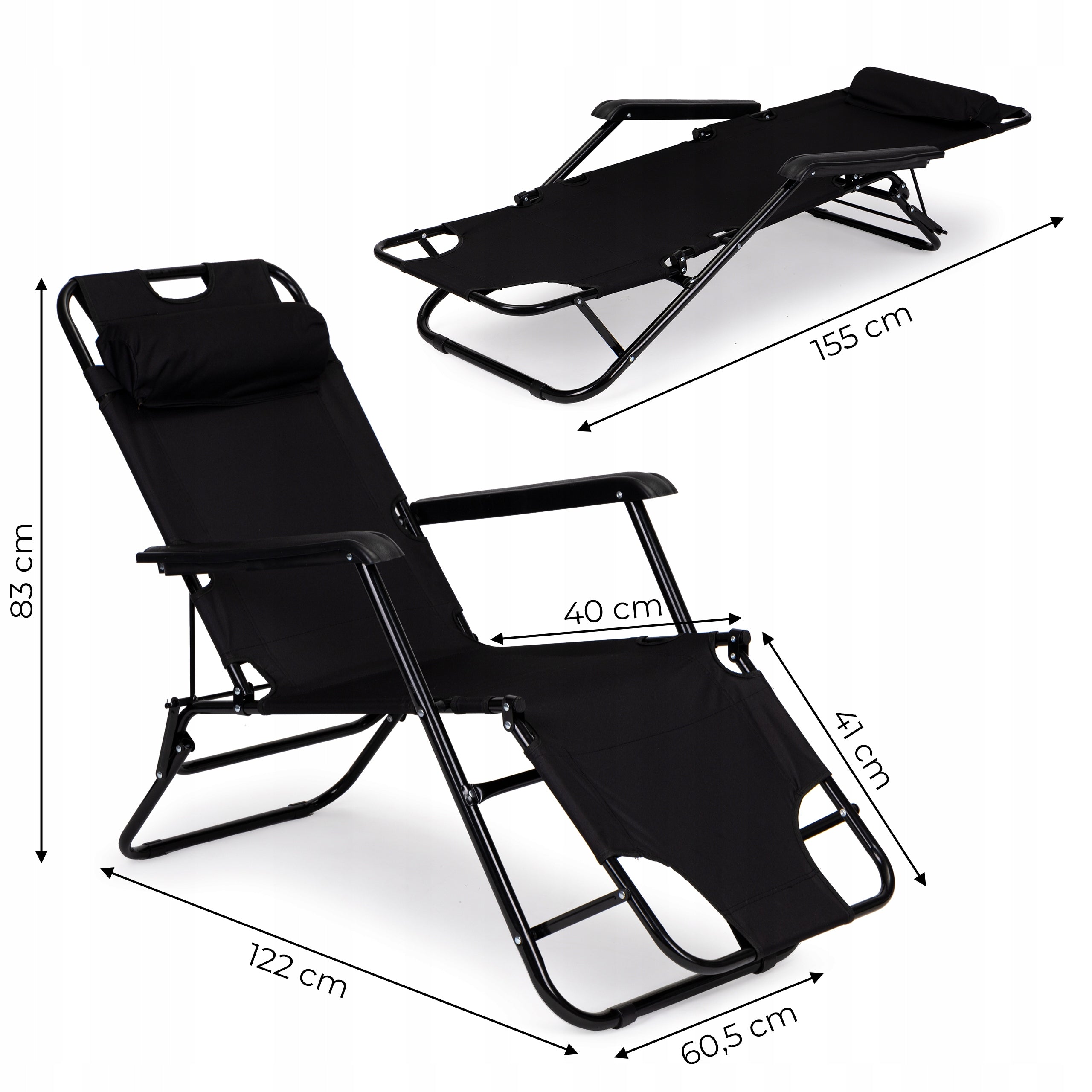 Sezlong pliabil 155x60x83 cm, 2 in 1 leagan extensibil, spatar reglabil, cadru metalic si perna impermeabila, gri