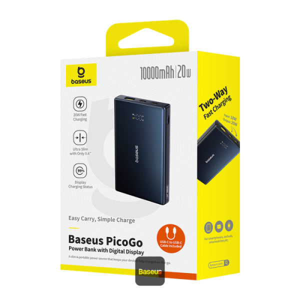 POWER BANK Baseus PicoGo, display, capacitate 10000mAh, 20W, 2 x USB Type-C, 1 x USB, total 5V/3A, include cablu Type-C to Type-C 60W lungime 30cm, negru, "P10076801123-00" - 6932172670856
