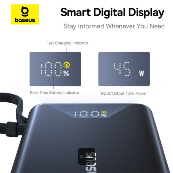 POWER BANK Baseus PicoGo, display, capacitate 10000mAh, 45W, cablu integrat USB Type-C, 1 x USB Type-C, 1 x USB, total 5V/3A, negru, "P10076803123-00" - 6932172678715