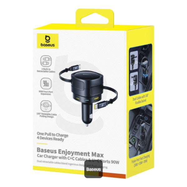 INCARCATOR auto Baseus Enjoyment Max, Quick Charge 90W, 1 x USB, cablu retractabil integrat 2 x USB Type-C, pt. bricheta auto, negru "C00035507121-03" - 6932172682606
