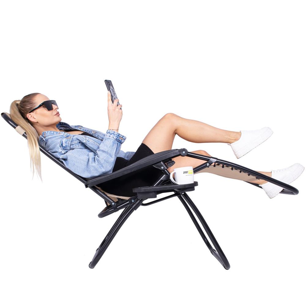Sezlong scaun pliant plaja sau gradina, Siesta, gravitatie zero, cu tetiera, 175x67x110 cm, bej