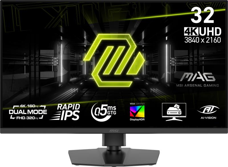 Monitor MSI 31.5" MAG 322URDF E16, Diagonal (inch): 31.5, Diagonal (cm): 80, Aspect ratio: 16:9, Panel: Fast IPS, Resolution: 3840x2 160/1920x1080, Refresh Rate: 160Hz/320Hz, Response time GtG: 0.5ms, Brightness (max): 400 cd/m², Contrast (static) : 1000: