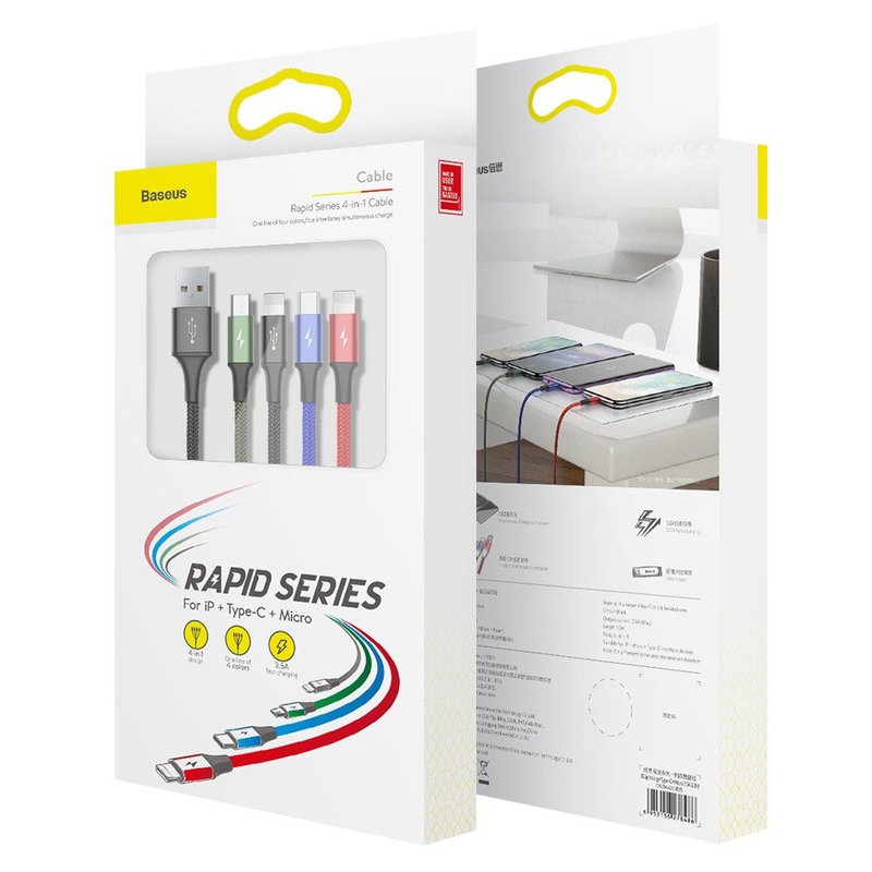 CABLU alimentare si date Baseus, Fast Charging Data Cable pt. smartphone, 4 in 1, USB la 2 x USB-C /1 x Lightning / 1 x microUSB, 1.2m, braided, negru "CA1T4-B01" (include TV 0.18lei) - 6953156278493