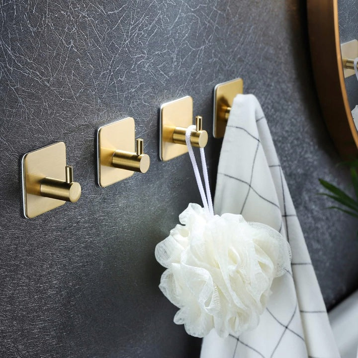 Set 4 agatatori tip cuier pentru baie, sistem fixare inclus, aluminiu, auriu