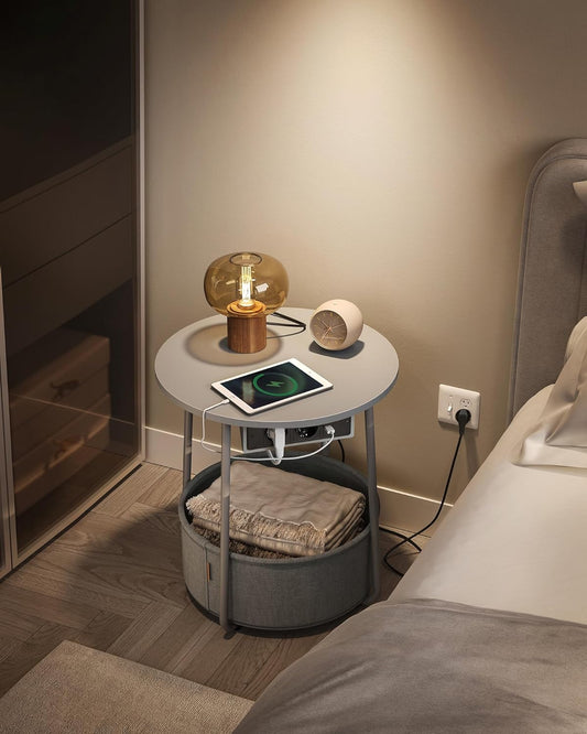 VASAGLE Masuta de cafea rotunda cu cos de stofa, statie de incarcare 2 prize si 2 USB, 45x50cm, gri argintiu - 2