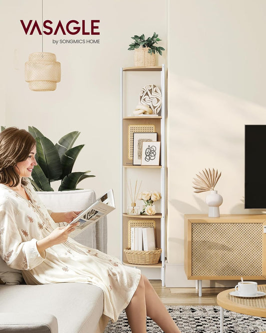 VASAGLE Raft de colt boho, cadru metalic, polite MDF si panouri poliratan, 32x32x156cm, bej - 2