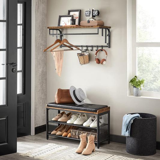 VASAGLE Cuier de perete cu raft de depozitare, 5 carlige, 30x80x27 cm, maro rustic - 2