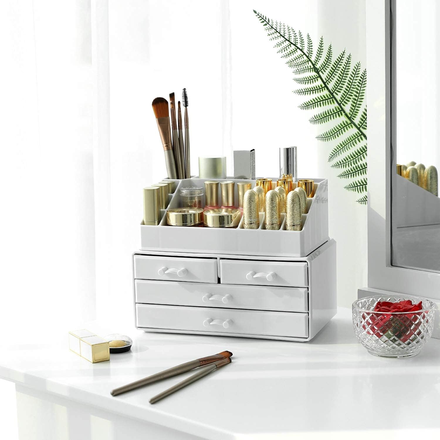 SONGMICS Organizator de cosmetice, cu 4 sertare si 16 compartimente de diferite dimensiuni, 24x14x19cm, alb