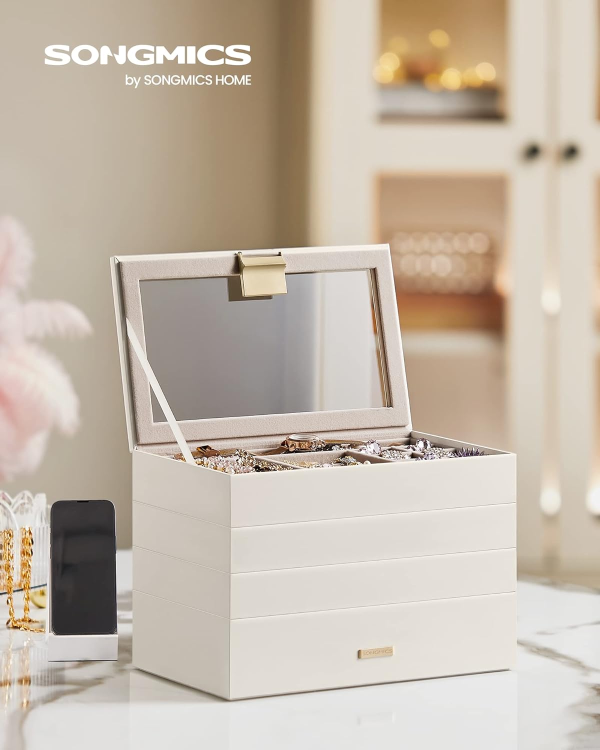 SONGMICS Cutie de bijuterii cu 4 nivele detasabile, MDF si PU, capac sticla, 17x28x18 cm, alb