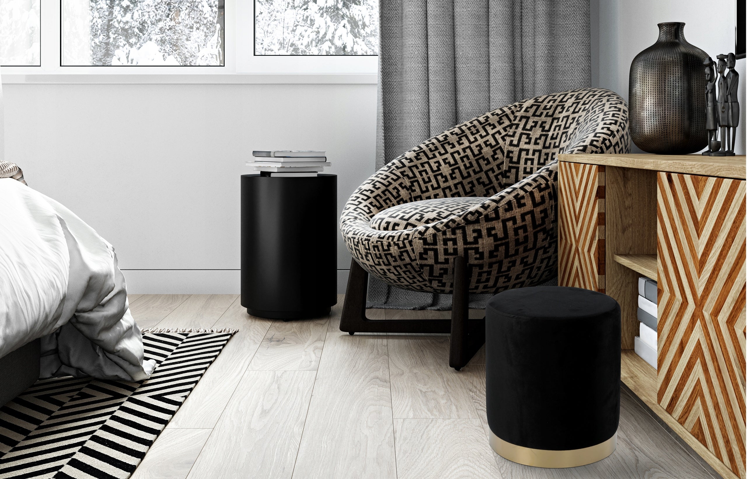 Taburet rotund, tapitat cu stofa, sarcina 100 kg, 35x40 cm, negru