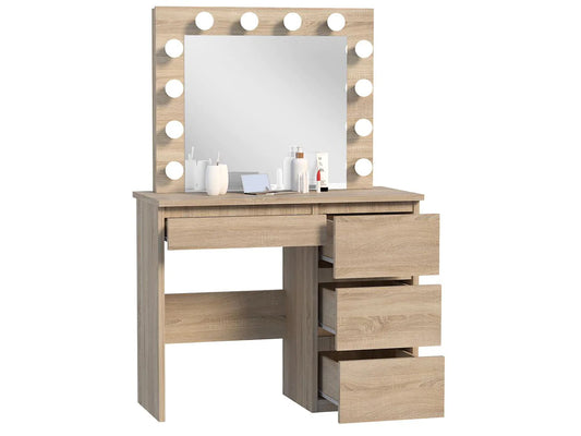 Masa de toaleta si machiaj Hollywood cu oglinda LED si 4 sertare, 94x43x140 cm, stejar - 2