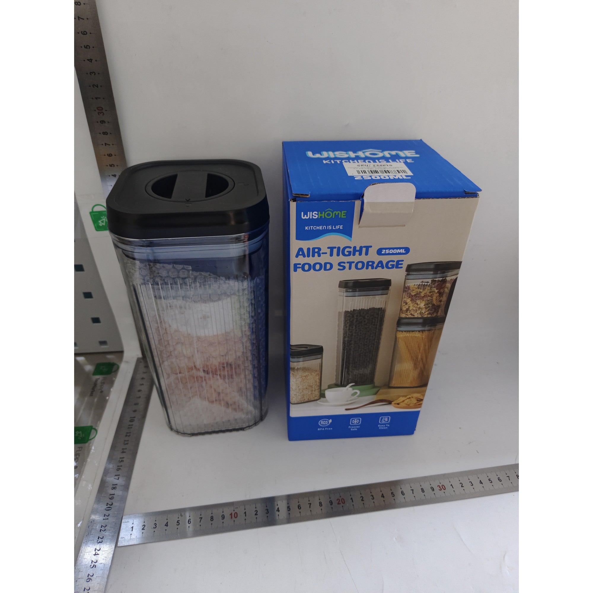 Cutii de Depozitare Alimente, Set din 2 Cutii de Tip Container de 1.2 si 2.5 l, Recipiente pentru Cereale in Bucatarie, Transparente cu Capac Negru
