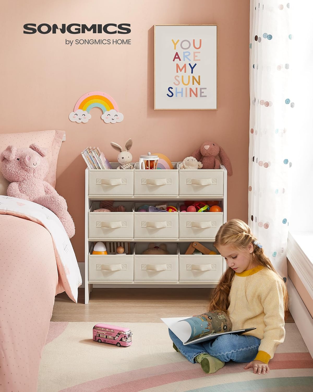 SONGMICS Raft jucarii si carti 63x30x60 cm, cu 9 cutii textile detasabile, MDF, alb