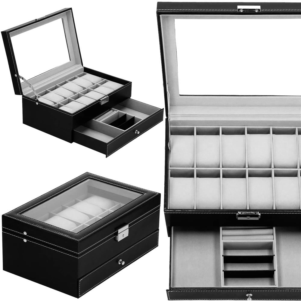 Cutie depozitare si organizare ceasuri si alte accesorii, MDF, piele ecologica, 30x20x13cm, negru
