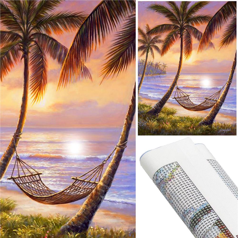 Set de broderie cu diamante 5D, 30x40cm, model Hamac pe plaja