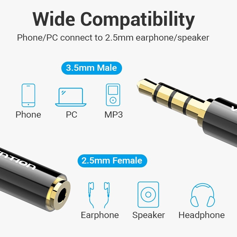 Adaptor audio Vention, Jack 3.5mm (T) la Jack 2.5mm (M), 2.1 canale, conectori auriti, negru, "BFBB0"