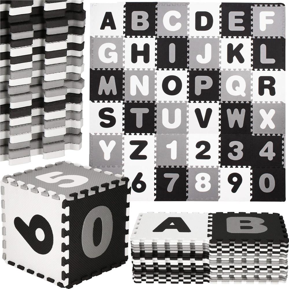 Covor din spuma pentru copii, tip puzzle alfabet si numere, 110 piese, termoizolant, 175x175 cm, negru, gri