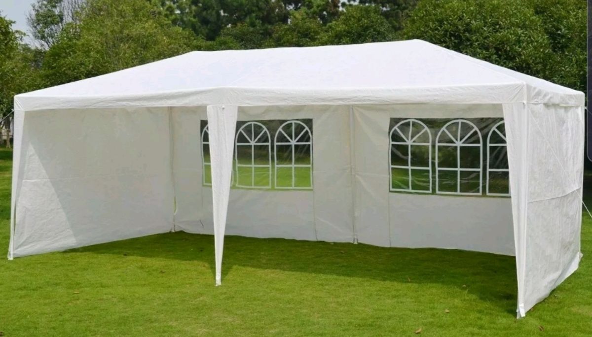Cort pavilion 6x3m pentru gradina sau evenimente, cu 6 pereti laterali, alb