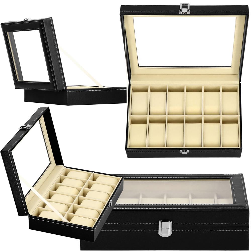 Cutie depozitare si organizare ceasuri, MDF, piele ecologica, 30x20x8cm, negru interior crem