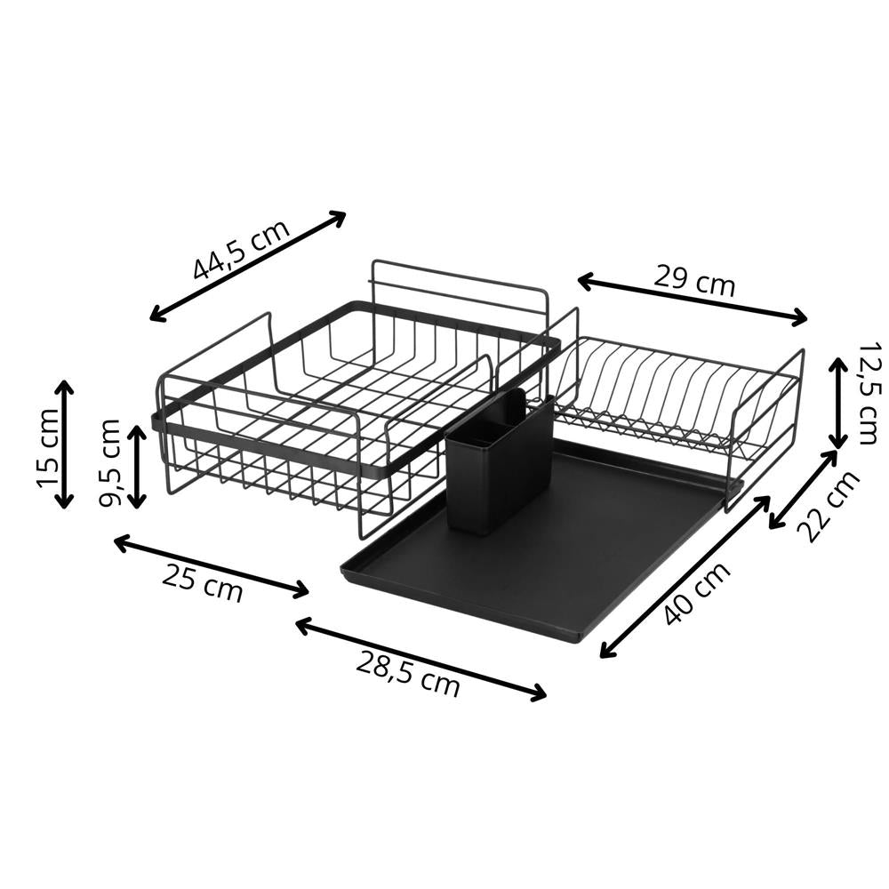 Uscator de vase cu suport tacamuri, din otel, pe 2 nivele, cu tava de scurgere, 50x30x24cm, negru