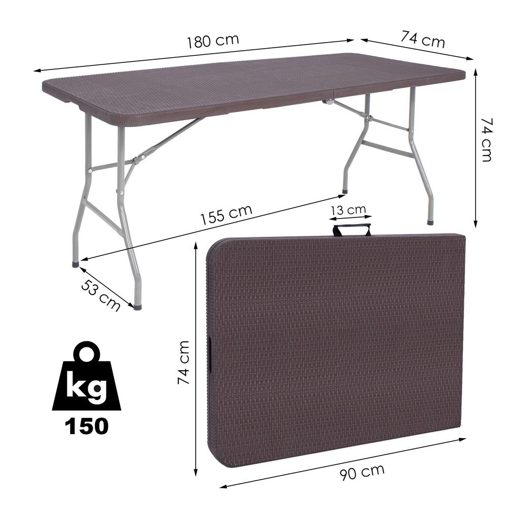 Masa dreptunghiulara pliabila multifunctionala, 1.8 m x 0.75 m x 0.75 m, imitatie ratan, maro