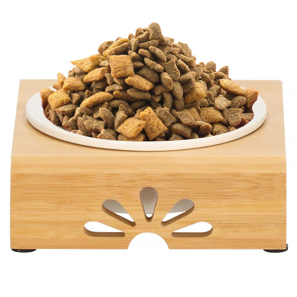 Castron ceramica, bol, pentru caine sau pisica, cu suport din bambus, 15cm