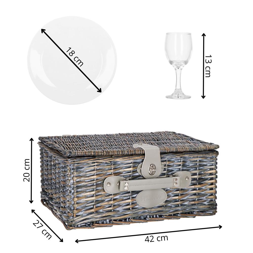 Cos de picnic echipat pentru 4 persoane Deluxe, din rachita, cu vesela si tacamuri, izolat termic, gri