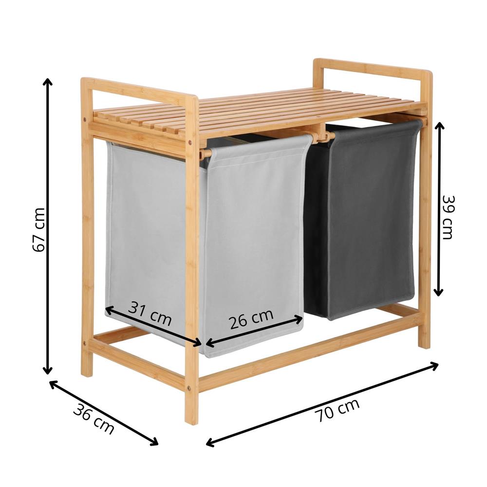 Cos de rufe din bambus, cu 2 saci detasabili, raft superior, capacitate de 40L per sac, 67x36x70cm, maro