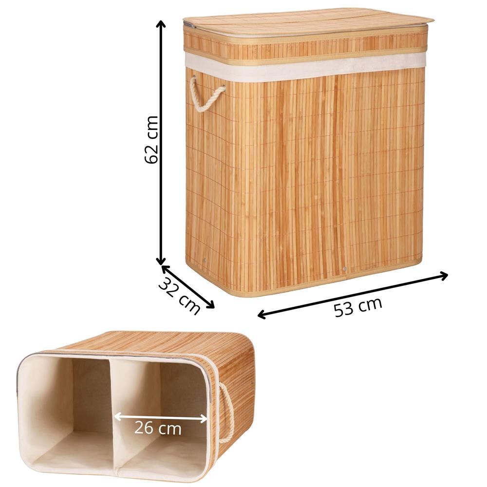 Cos de rufe din bambus cu capac, 2 compartimente, sac detasabil, volum 100L, 53x32x62cm, maro