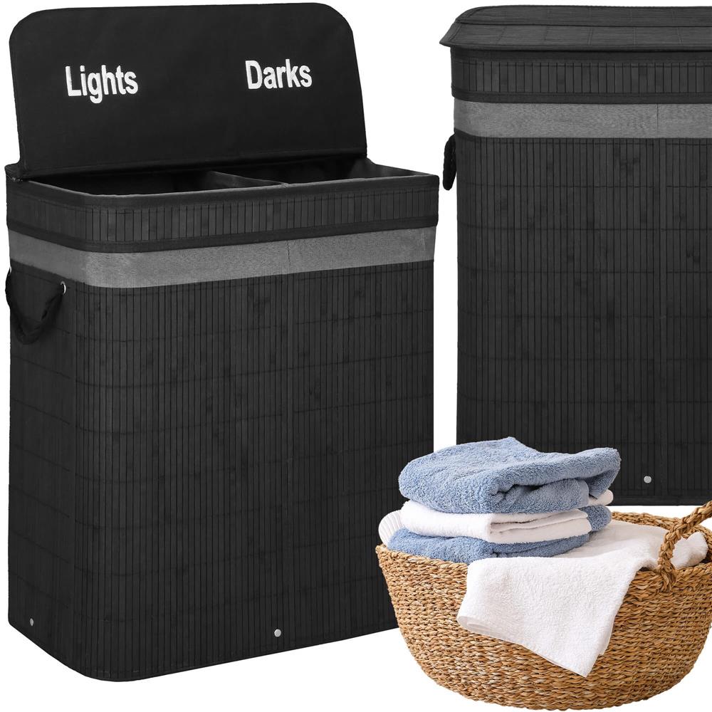 Cos de rufe din bambus cu capac, 2 compartimente, sac detasabil, volum 100L, 54x35x60cm, negru
