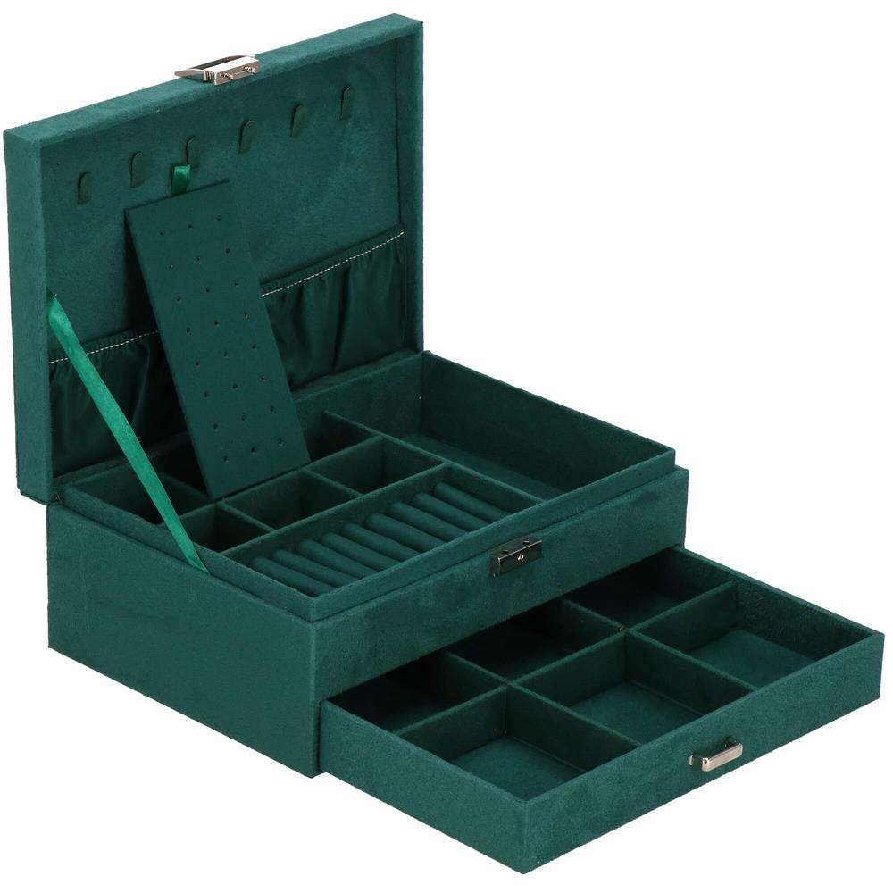 Cutie depozitare si organizare bijuterii, velur, 27 x 19 x 10,5 cm, verde