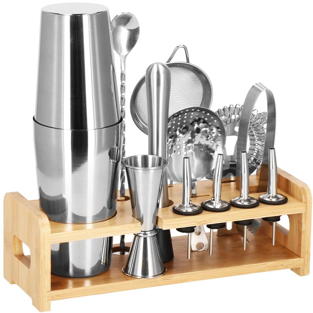 Set Cocktail Shaker Kit pentru barmani 750ml, KI11, suport bambus, 14 piese