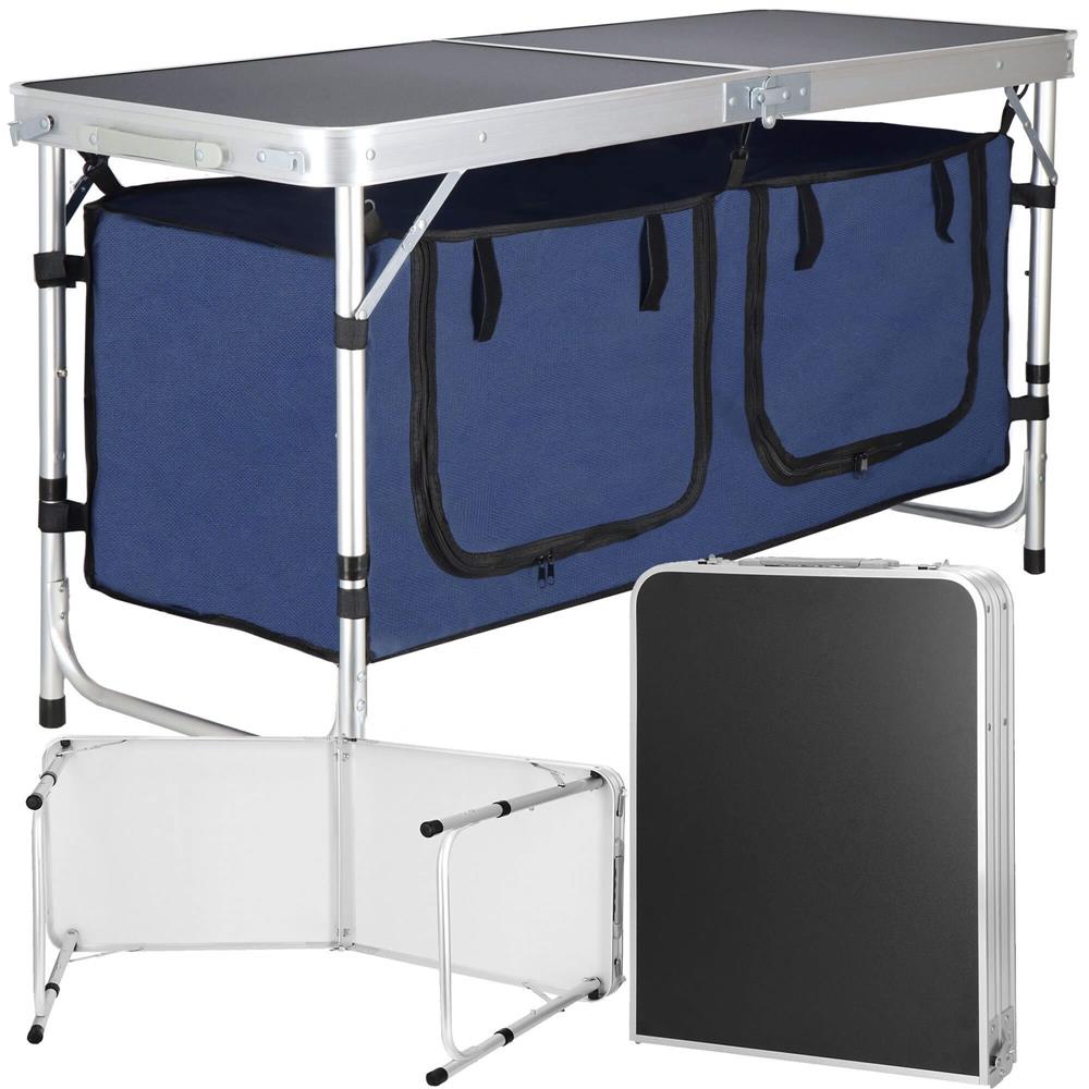 Masa camping pliabila cu spatiu depzoitare si cadru din aluminiu, blat MDF, 120x47x62/71cm, gri