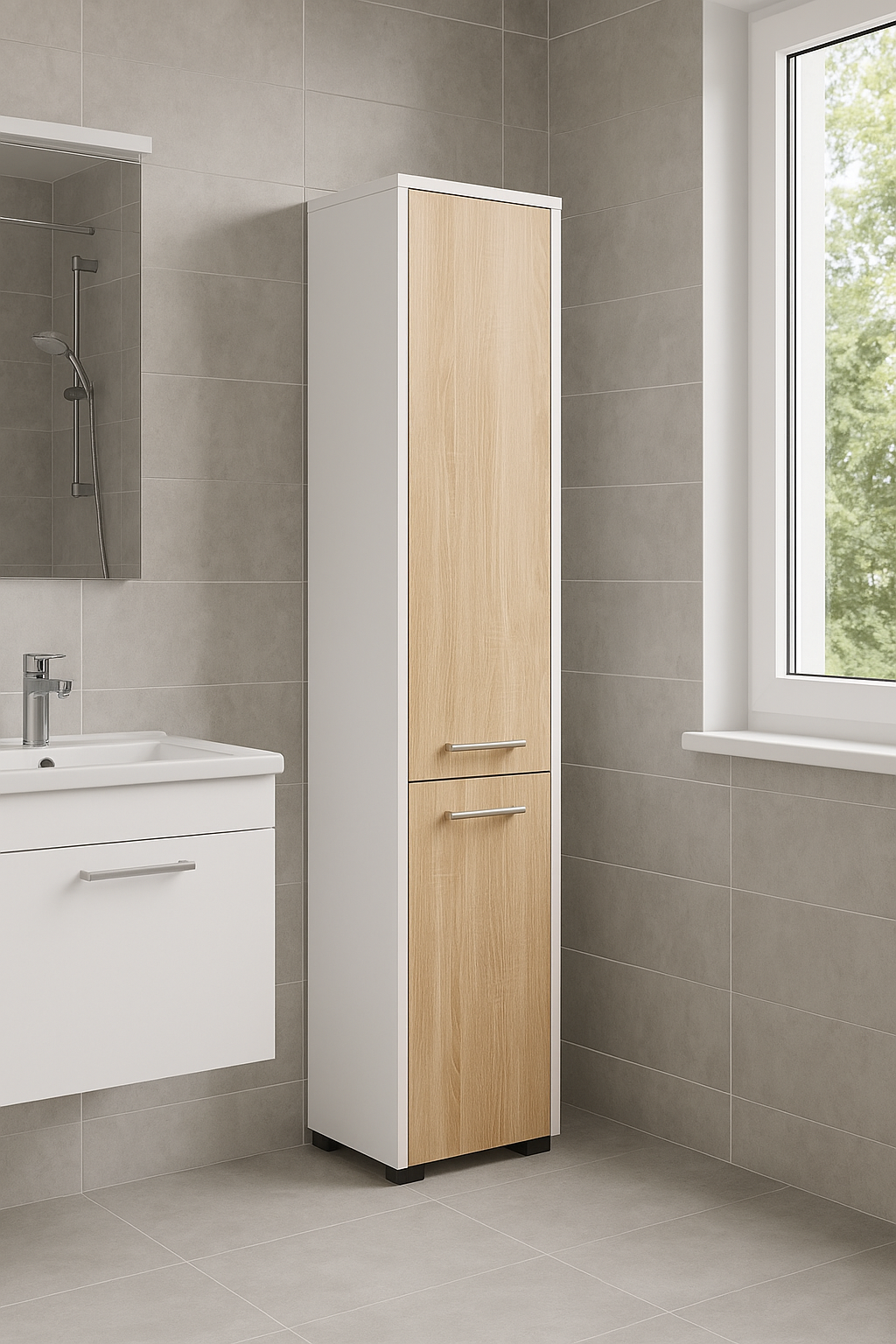 Dulap baie tip coloana cu 2 usi si 5 rafturi, PAL laminat, 30x30x140 cm, alb si stejar sonoma