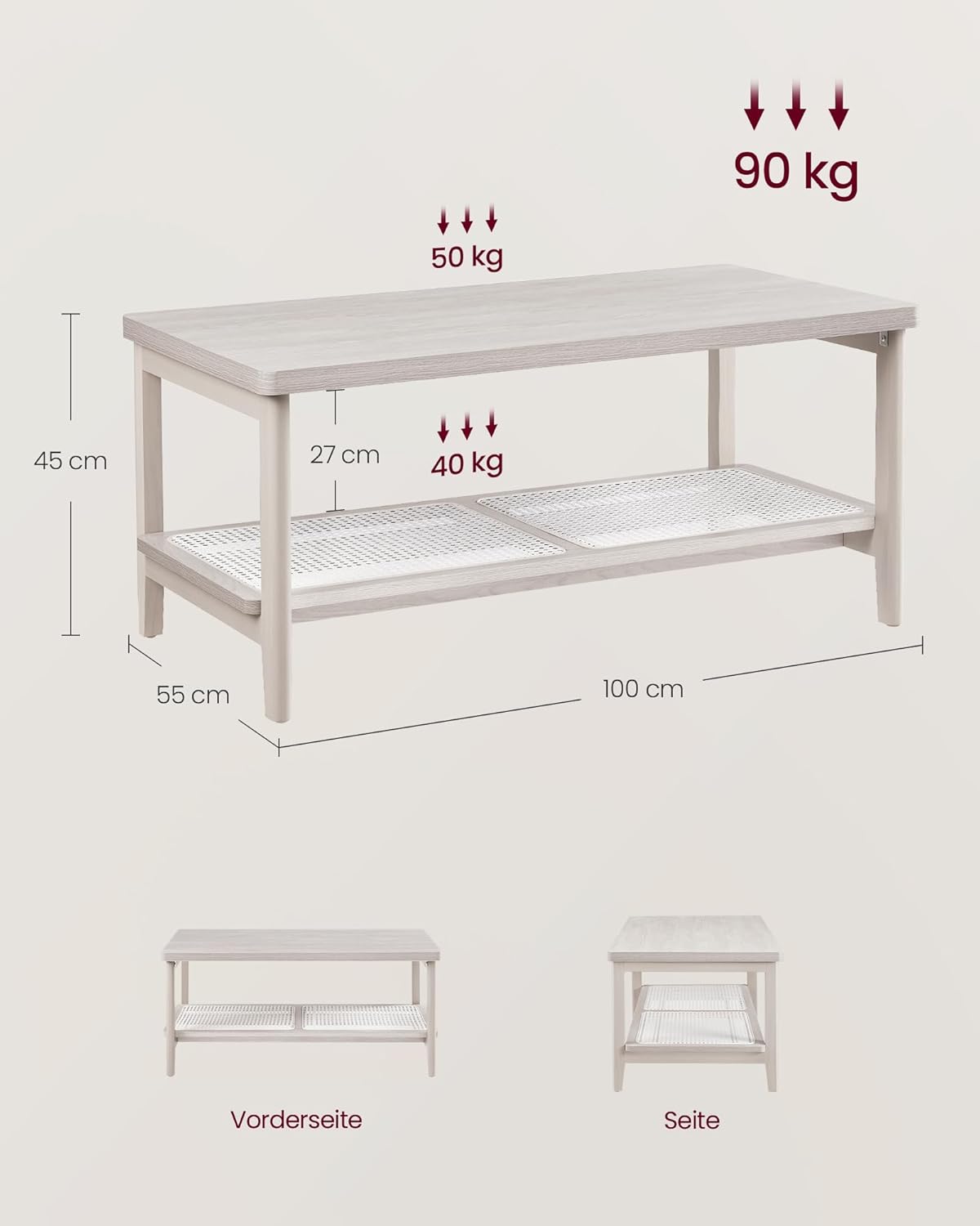 VASAGLE Masuta de cafea, din MDF, cu spatiu de depozitare pe 2 nivele, 55x100x45 cm, stil boho, bej