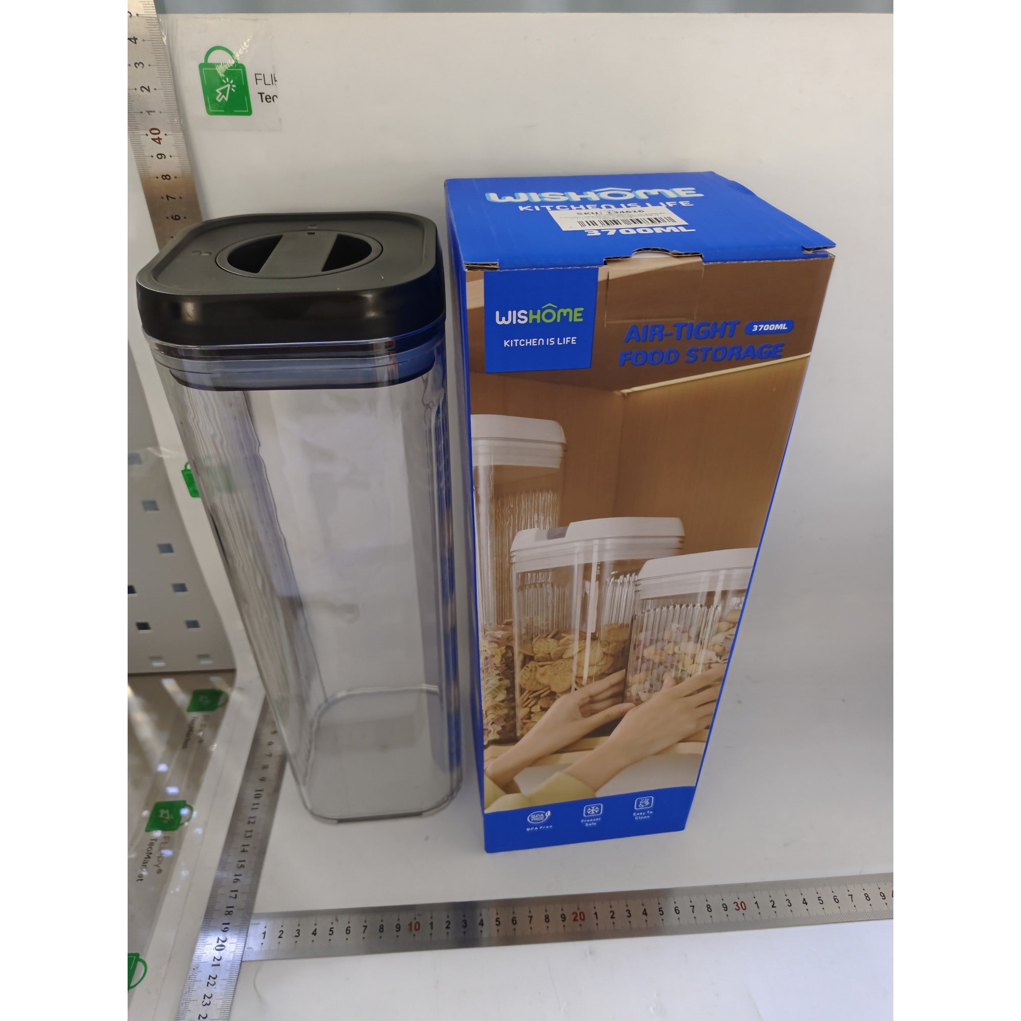 Cutie de Depozitare Alimente, tip Container, 3.7L, Recipiente pentru Cereale in Bucatarie, Transparente cu Capac Negru