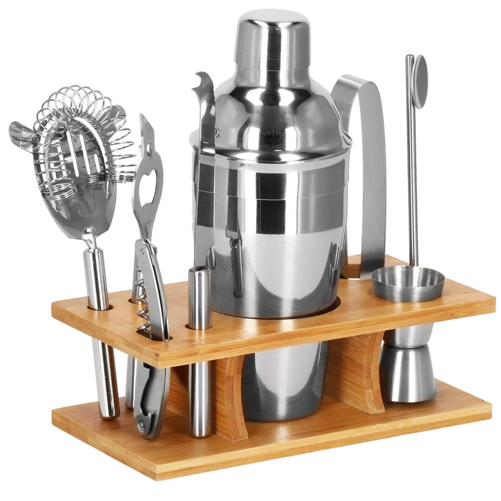 Set Cocktail Shaker Kit pentru barmani 550ml, KI22, suport bambus, 9 piese