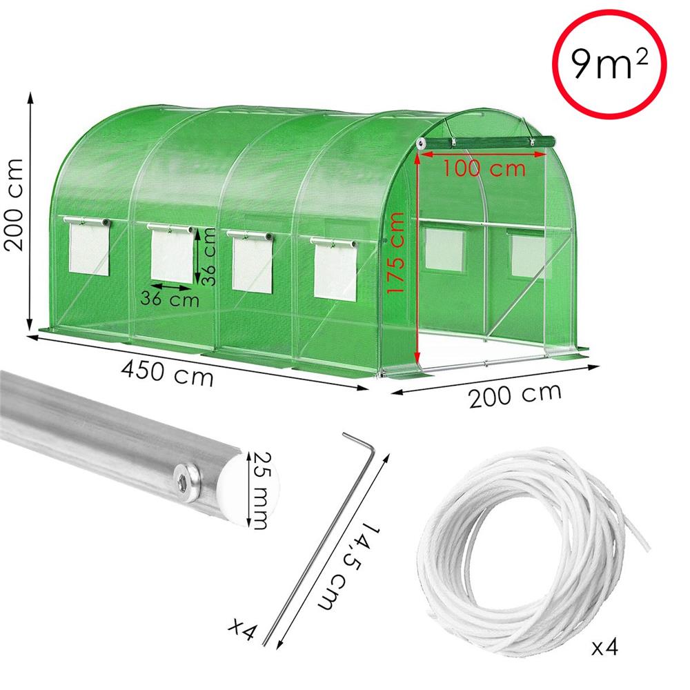 Sera de gradina, tip tunel cu cadru metalic, 200x450cm, 9 ferestre, verde, 9 mp