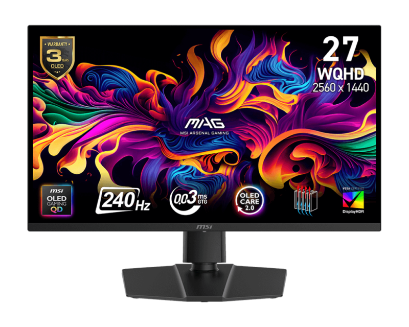 Monitor MSI 26.5" MAG 273QP QD-OLED X24, Diagonal (inch): 26.5, Diagonal (cm): 67, Aspect ratio: 16:9, Panel: QD-OLED, Resolution: 2560x1440, Refresh Rate: 240Hz, Response time GtG: 0.03ms, Brightness (max): 450 cd/m², Contrast (static) : 1.5M:1, Viewing
