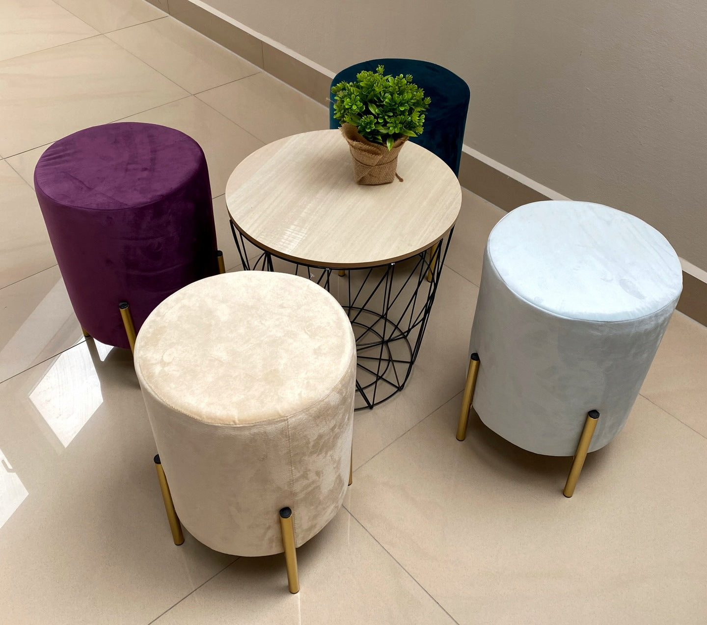 Taburet rotund, tapitat cu stofa, picioare otel, sarcina 100kg, 28x42cm, albastru
