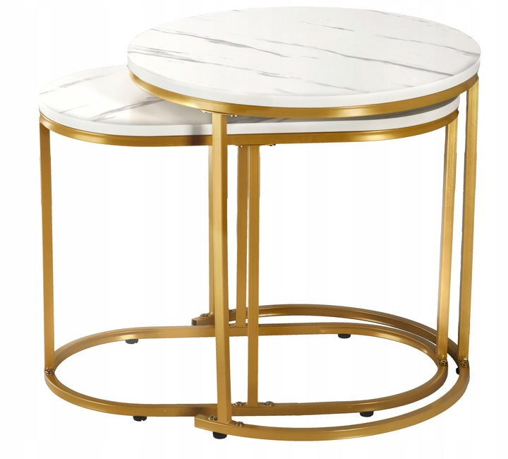 Set 2 mese pentru cafea, cadru otel, blat MDF model marmura, 50x50x50 cm si 60x32x44 cm, alb si auriu - 6
