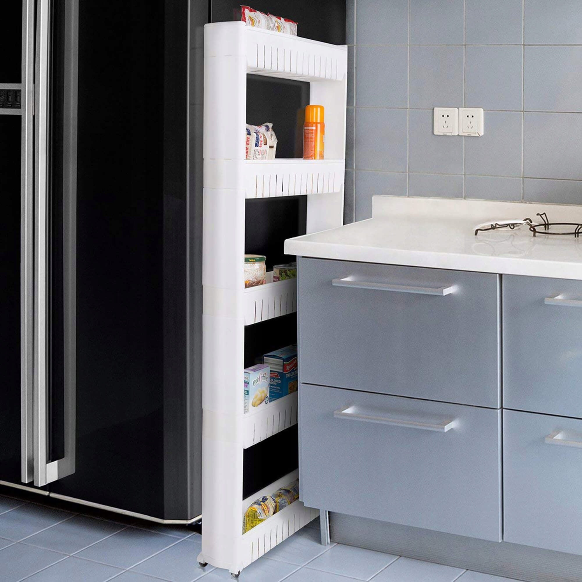 Sistem rafturi de depozitare Sersimo HA112 cu roti pentru bucatarie sau baie cu 5 polite, alb