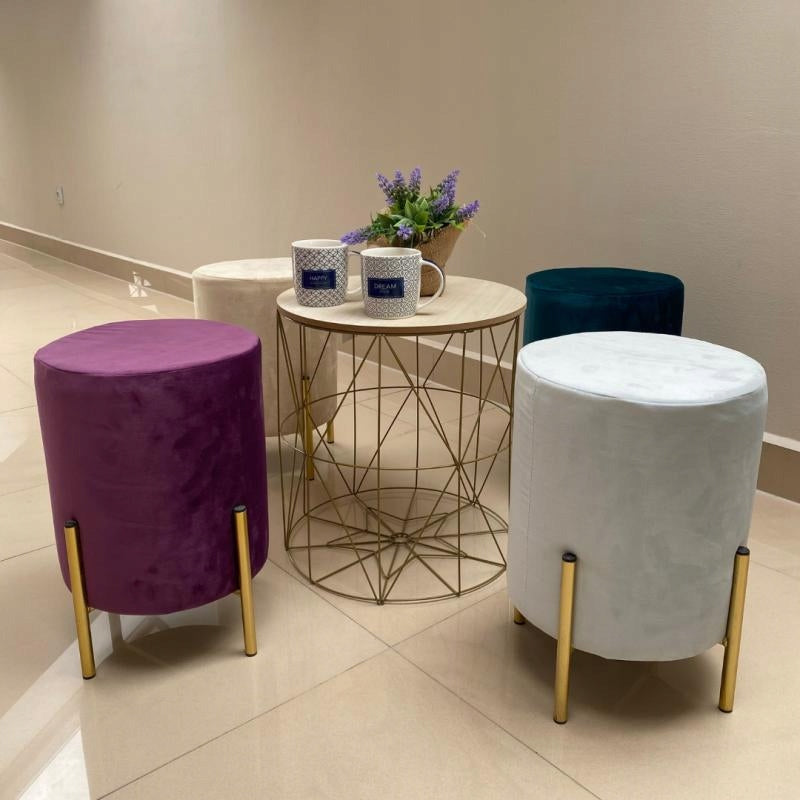 Taburet rotund, tapitat cu stofa, picioare otel, sarcina 100kg, 28x42cm, crem